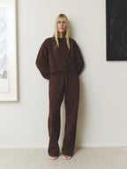 Linda Tol wearing the LT crewneck in brown with the straight LT jogger in brown 