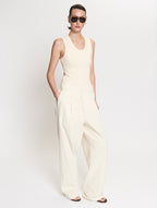 Model wearing Tanktop body in Oat and Utility pants in Off White 