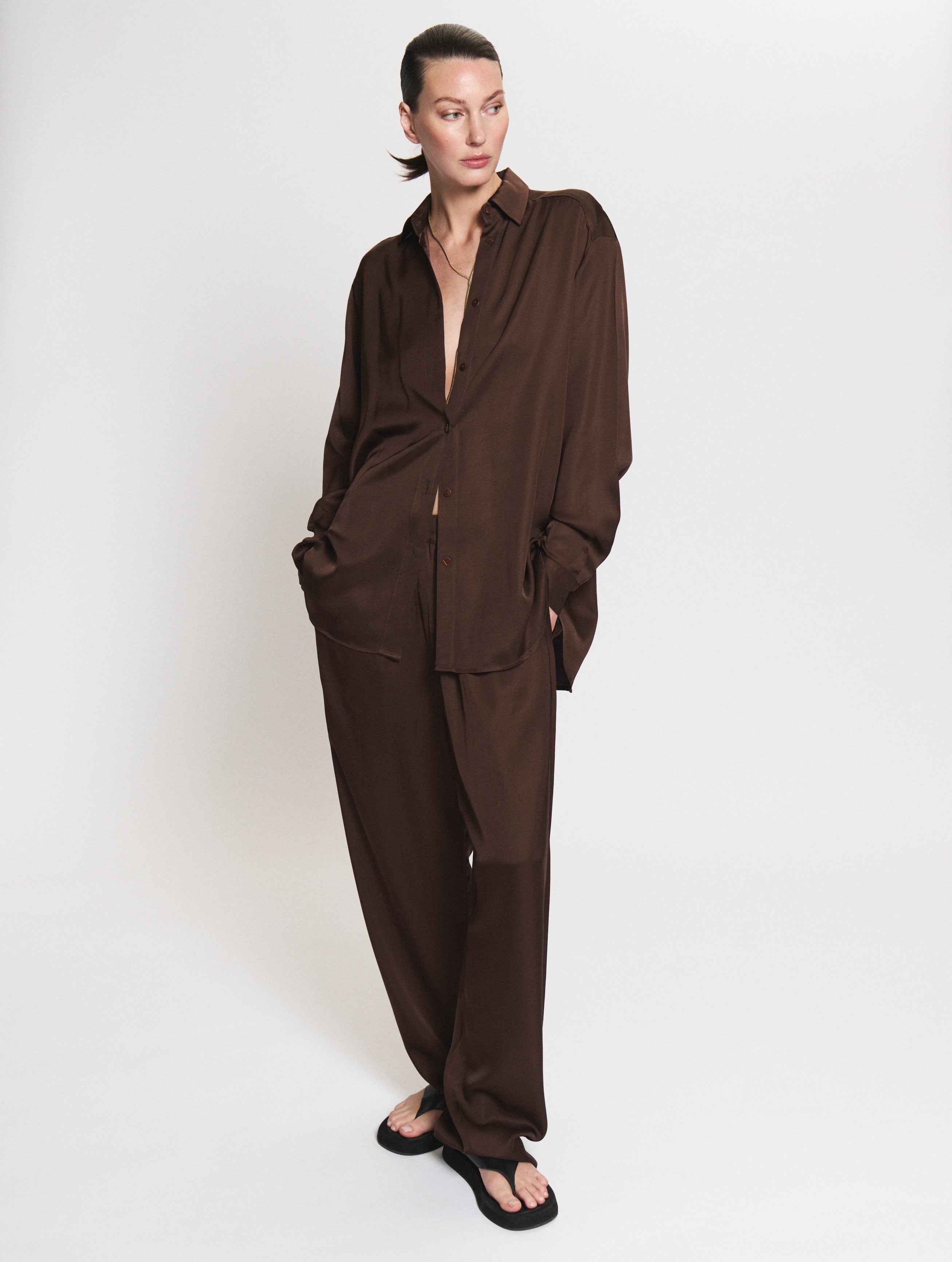 Model wearing the satin set in a relaxed fit. 