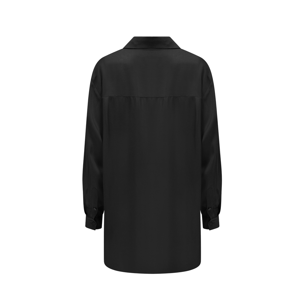 Back of black satin oversized blouse 