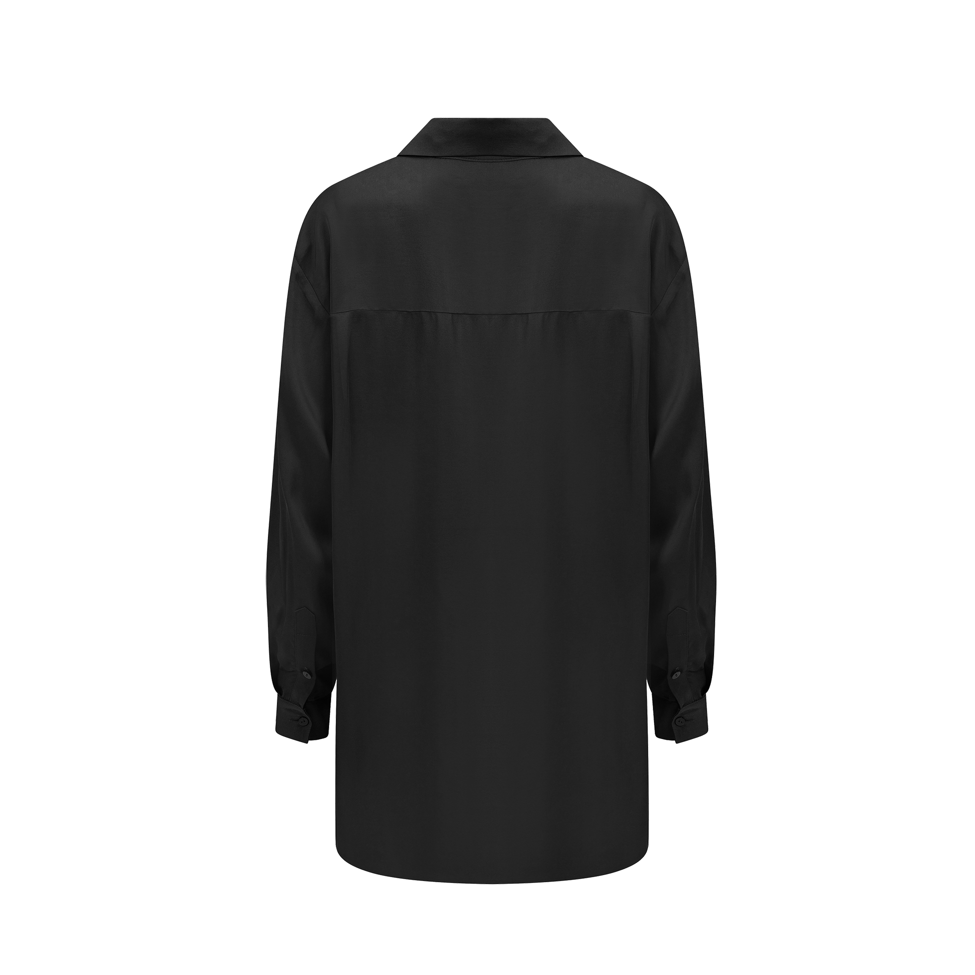 Back of black satin oversized blouse 