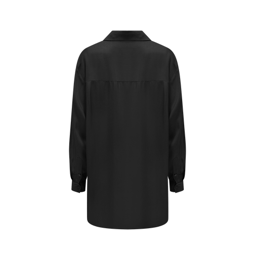 Back of black satin oversized blouse 
