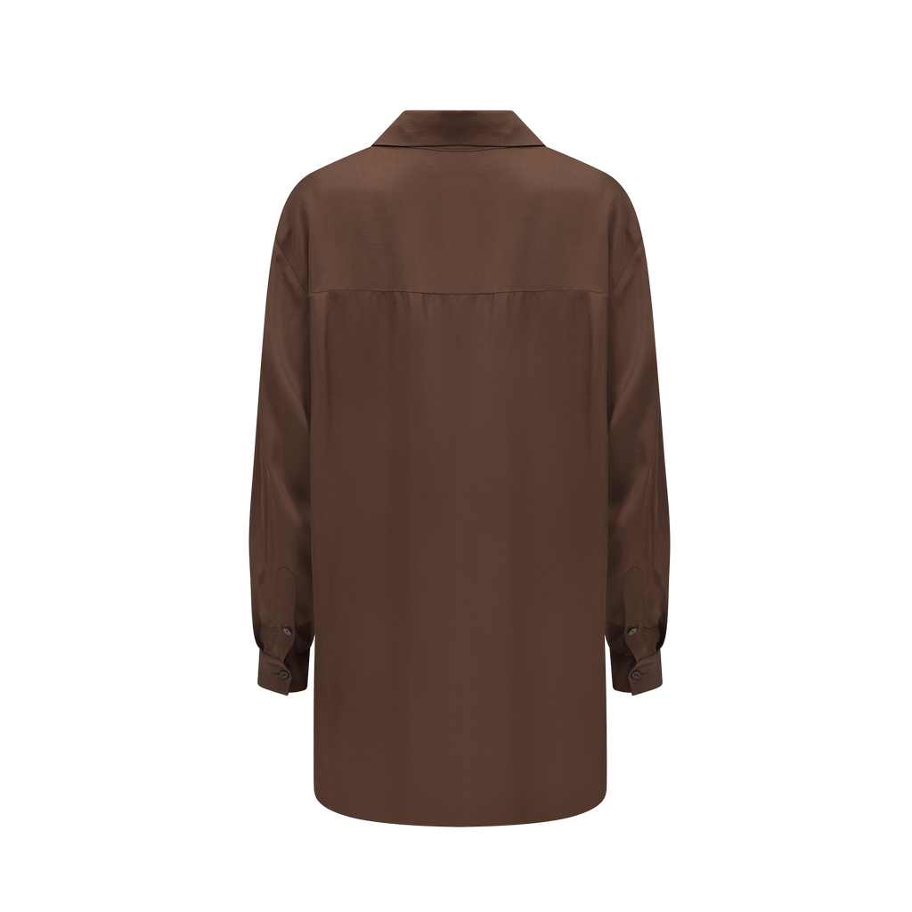Back of brown satin oversized blouse 